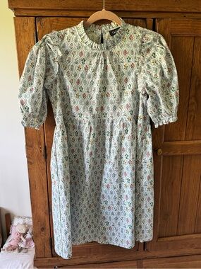 100% Cotton Block Print Floral Puff-Sleeve Dress
